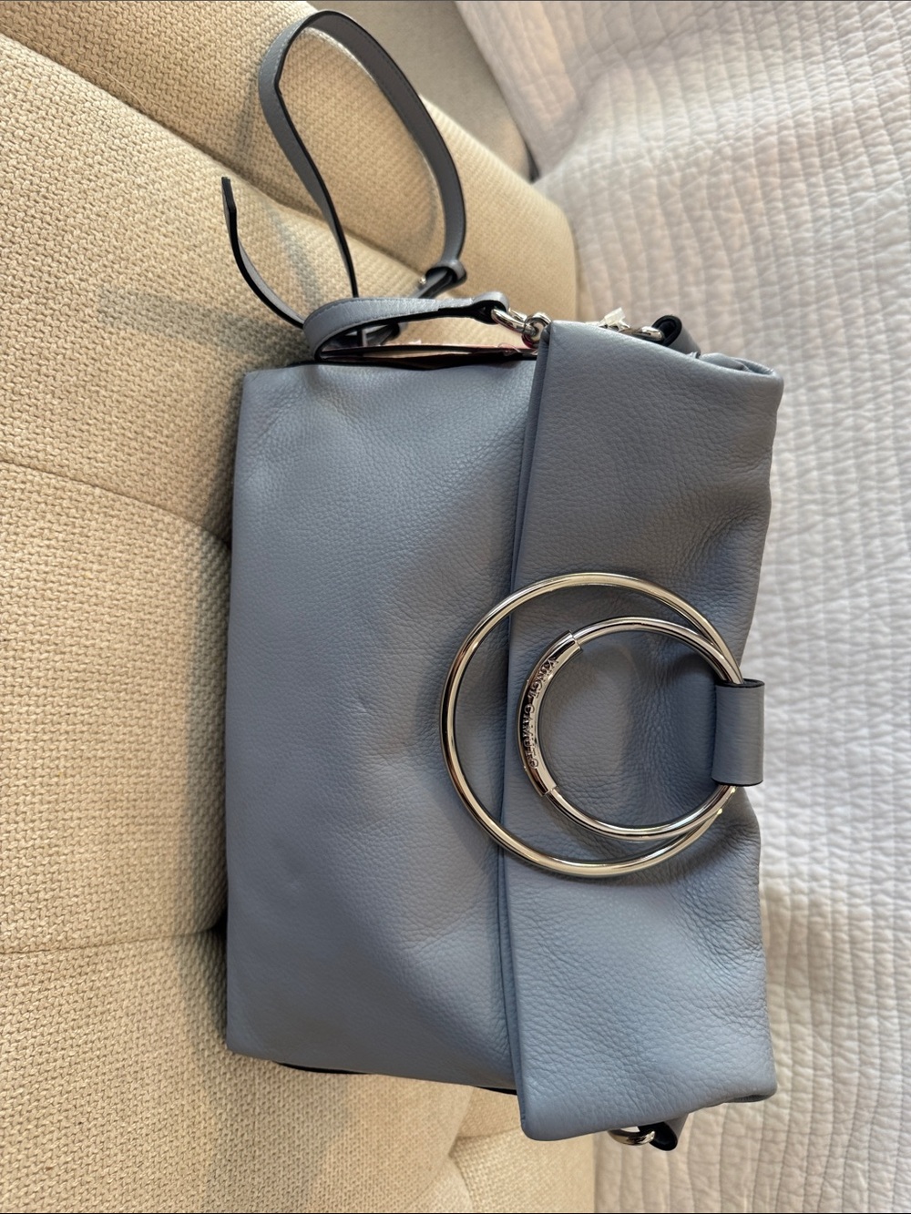 Vince Camuto Slate Blue Leather Shoulder Bag with Silver Rings